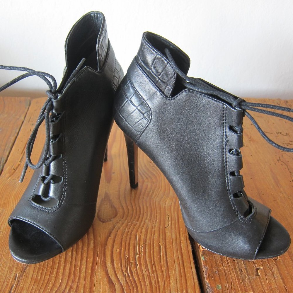 POUR LA VICTOIRE OPEN TOE BLACK LEATHER BOOTIES